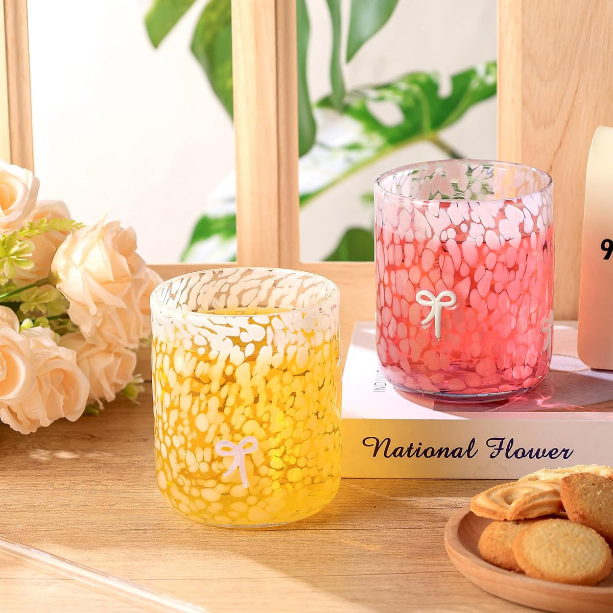 Yoiemivy 2 Pack Bow Icon Juice Glasses Coquette Aesthetic Glass Cups 14 oz Double Old Fashioned Icon Handblown Stemless Wine Glasses Cute Pink Glass Drinking Cups for Party Supplies Gifts