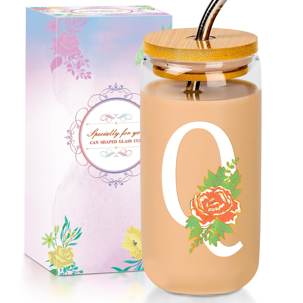16 Oz Initial Glass Cup with Lid and Straw Personalized Color-Changing