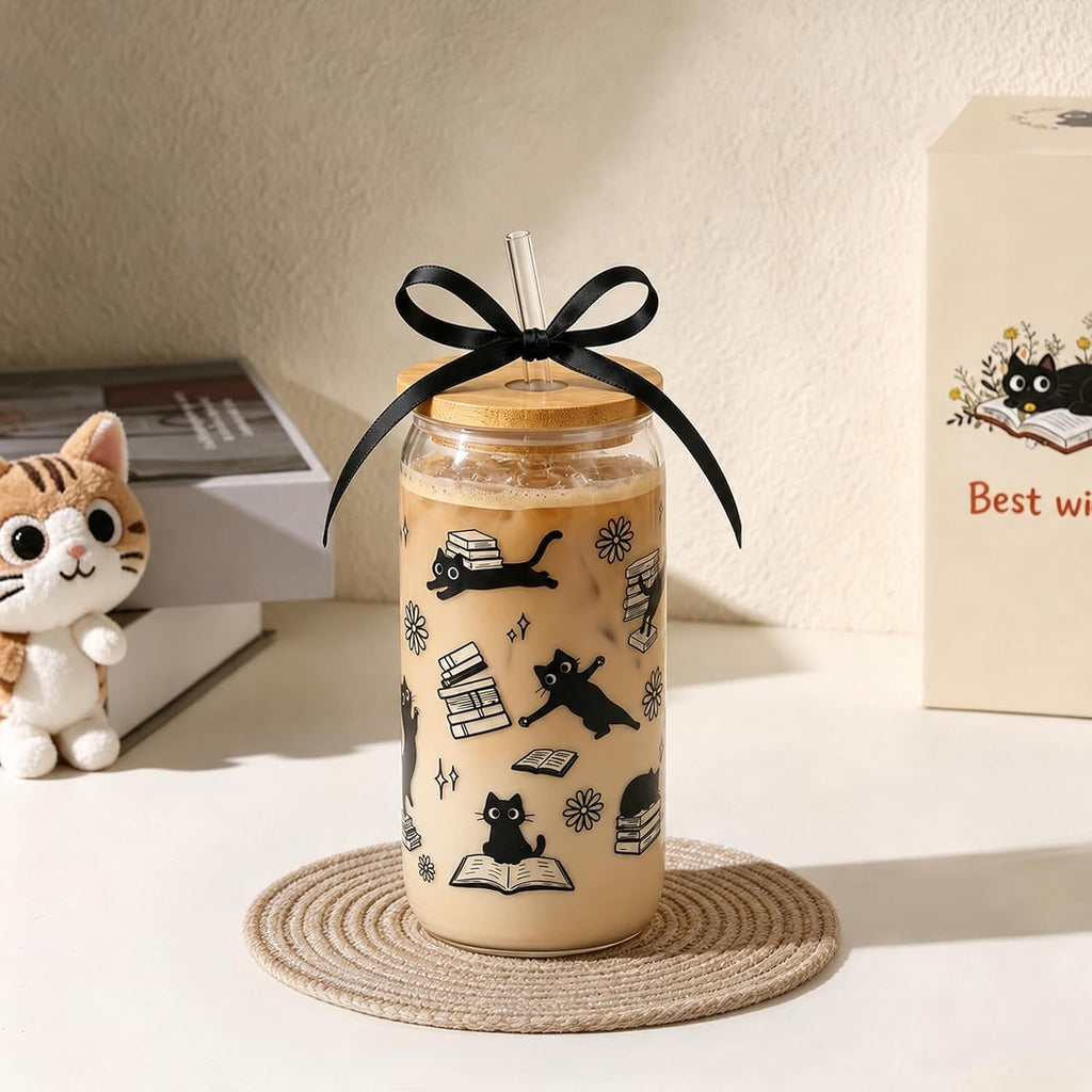 KORHONEN Cute Cat Gifts for Women, Halloween Black Cat Book Lover Glass Cup