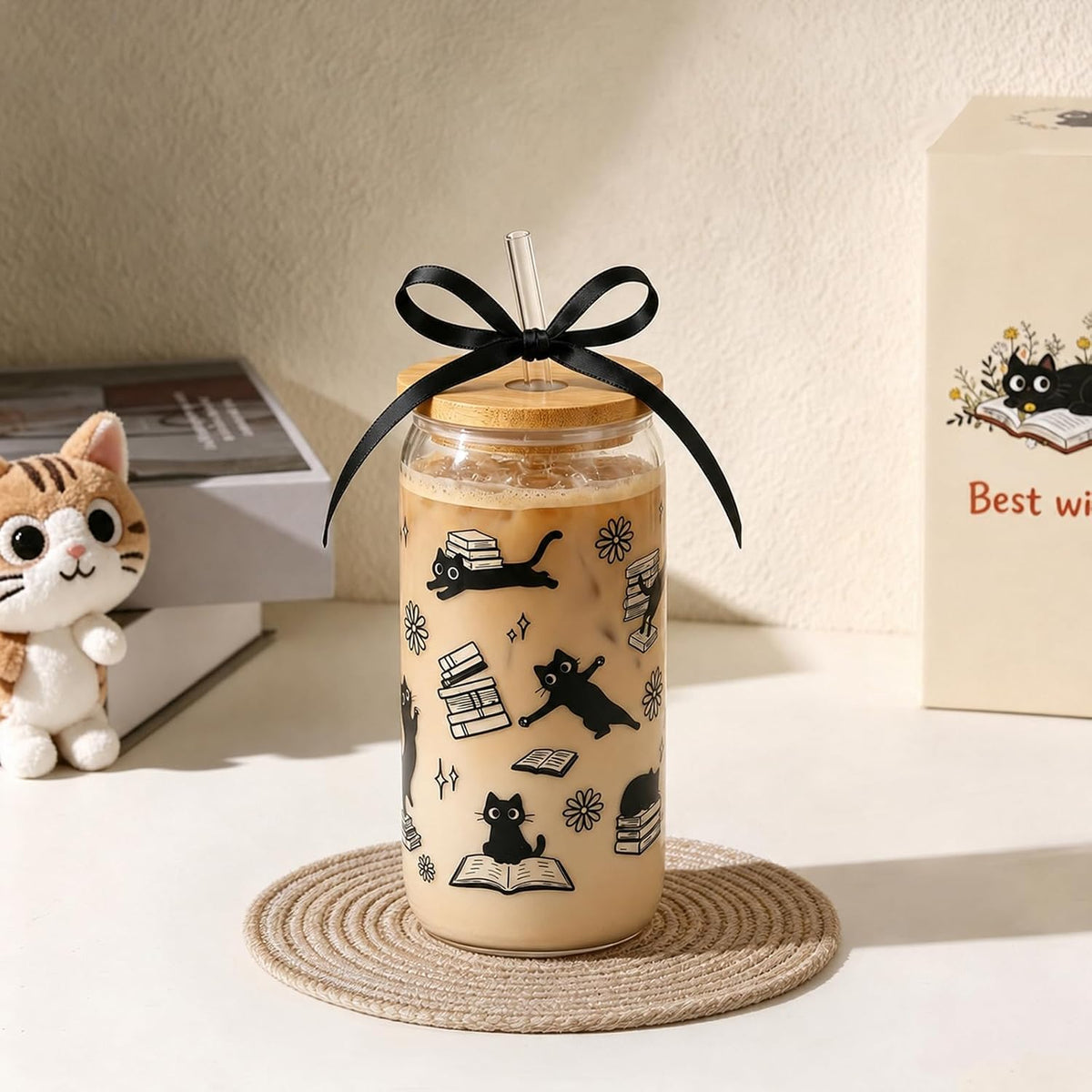 KORHONEN Cute Cat Gifts for Women, Halloween Black Cat Book Lover Glass Cup