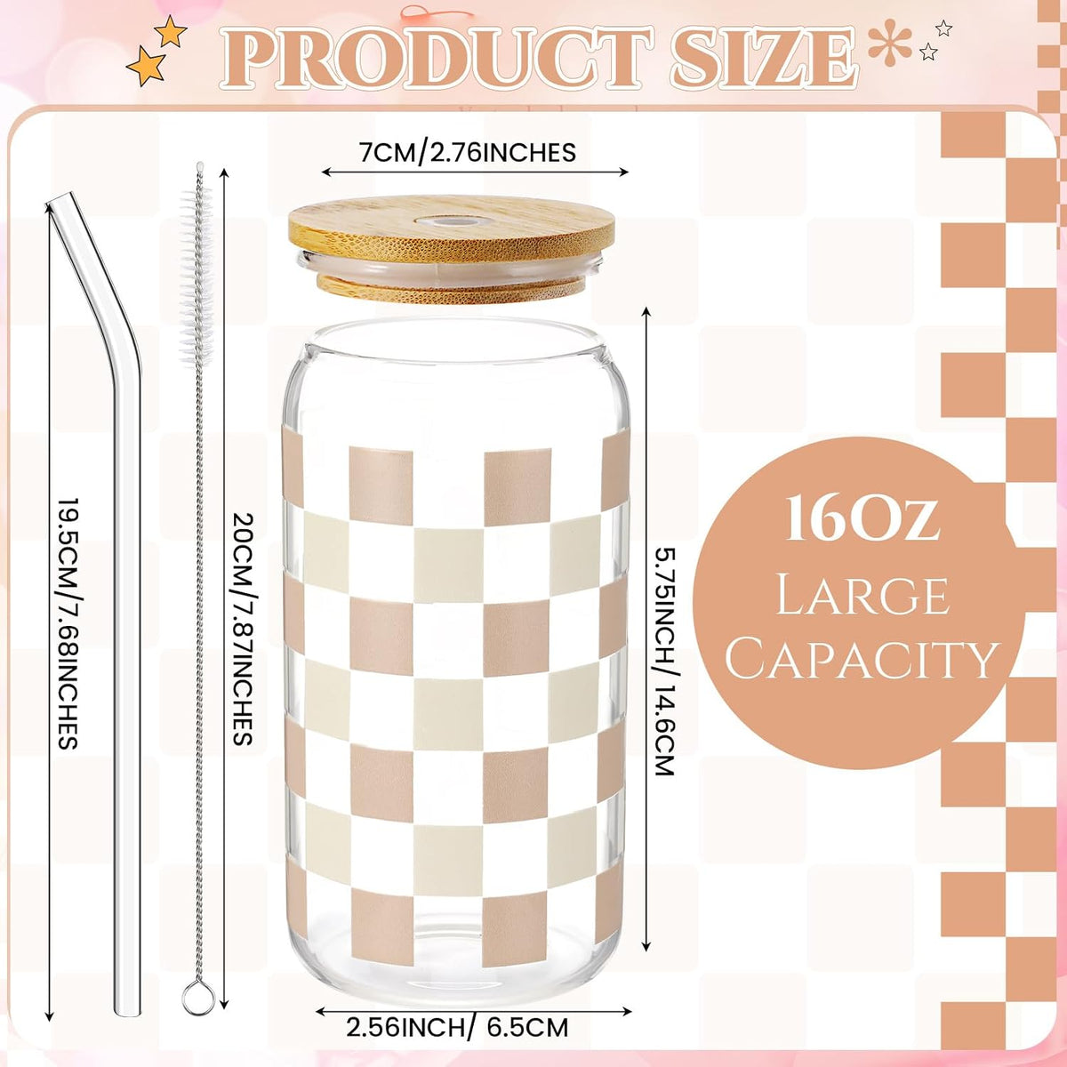 Hushee Checkered Tumbler 16 oz Checkerboard Glass Water Bottle Ice Coffee Cup with Lids and Straw Cleaning Brush for Birthday Race Car for Women Man Party Drink Decoration (Khaki)