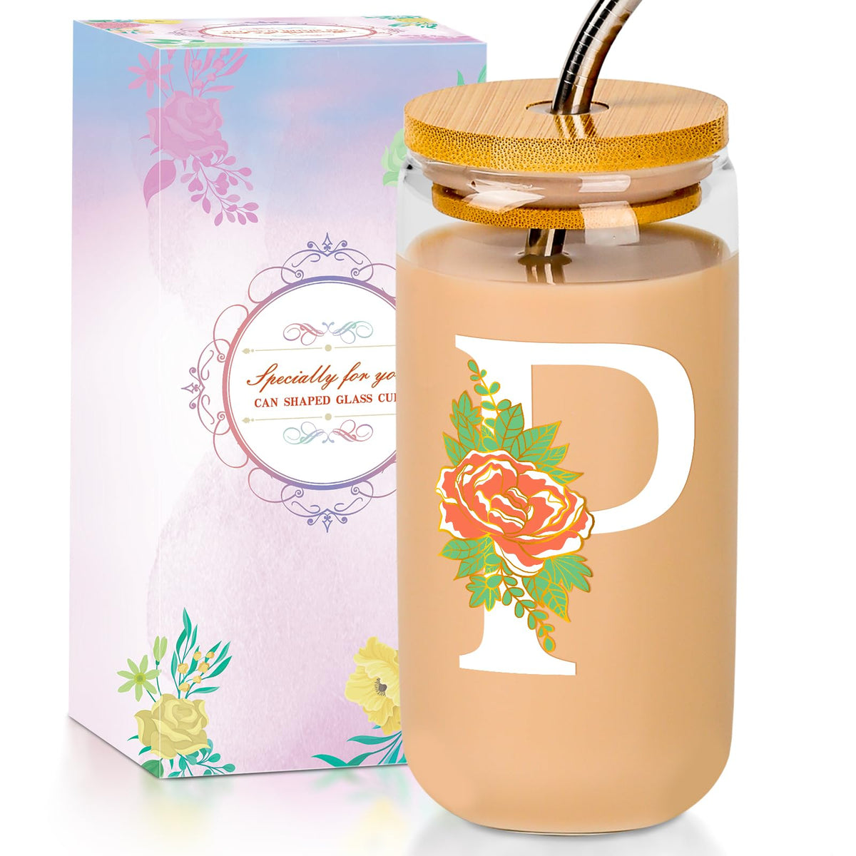 16 Oz Initial Glass Cup with Lid and Straw Personalized Color-Changing