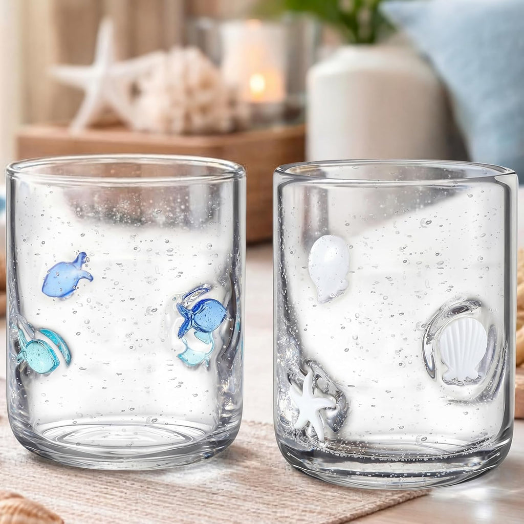 2 Pack 14oz Icon Juice Glass Cups Stemless Wine Drinking Juice Glass Cup Sea Shell Small Fish Star Design Iced Coffee Tumblers for Summer Women Girls Gift Set
