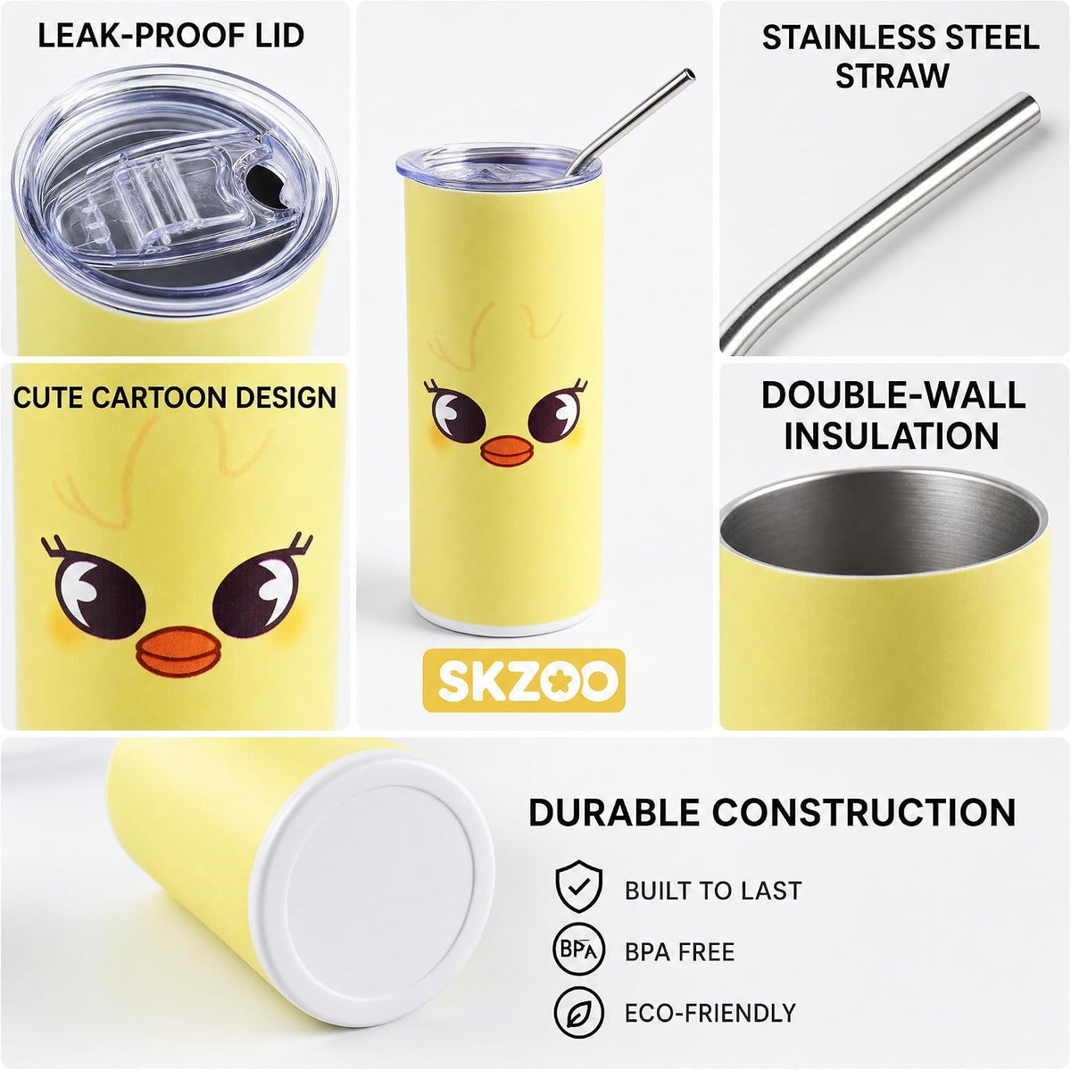 SKZOO Travel Coffee Cups 14 oz Cartoon Design Insulated Tumbler for Hot and Cold Beverages Portable Coffee Mugs Ideal for Travel Home and Office Use (YELLOW)