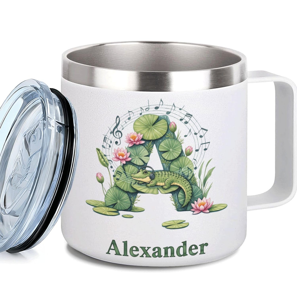 Leo Personalized Kids Mug with Lid, 10 oz Stainless Steel Insulated Camp Cup, Cartoon Lion Tropical Tiki Theme
