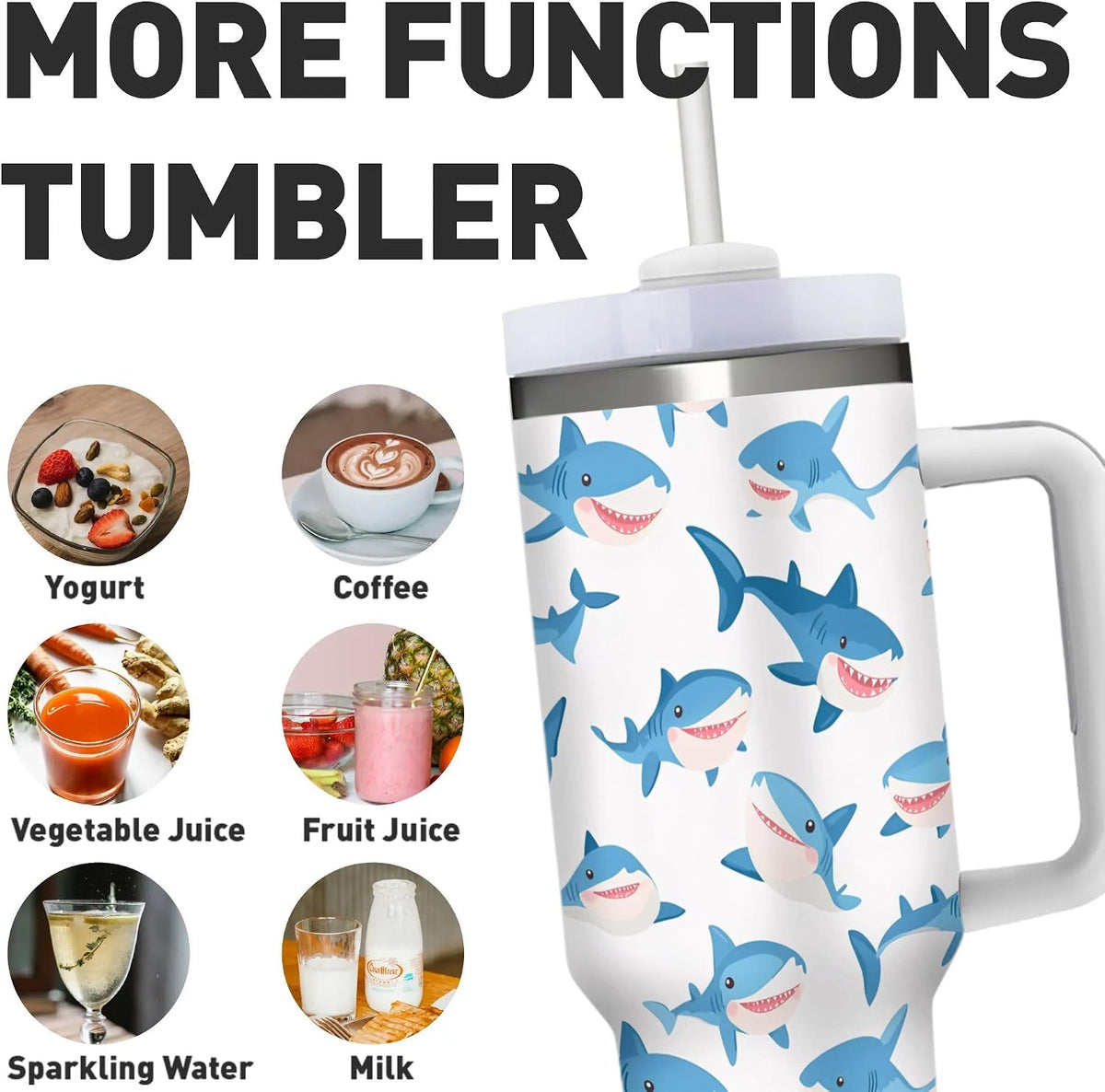 Cartoon Sharks 40 Oz (1200 ml) Ice Bully Cup with Handle Straw, Cute Sea Animals Stainless Steel Travel Insulated Tumbler, Personalized Coffee Mug for Birthday Festval Gifts