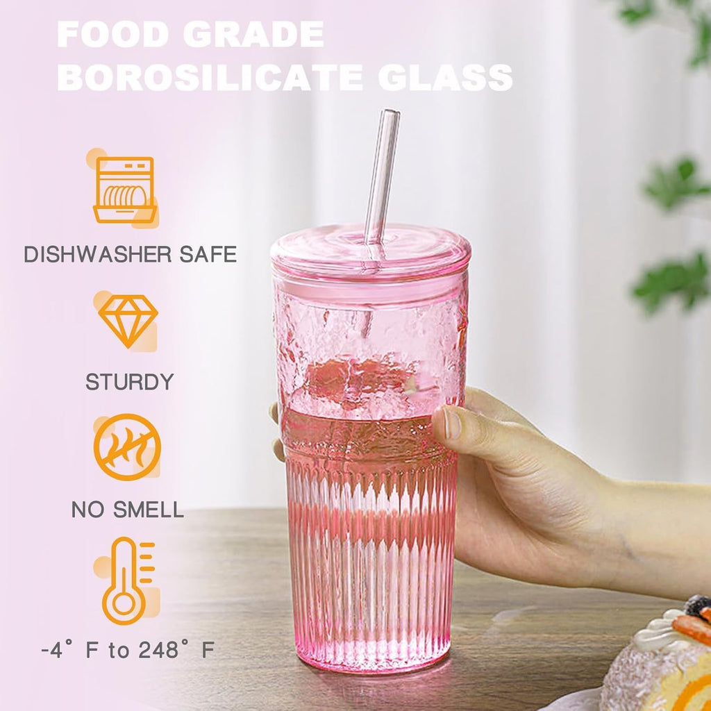 JunVpic Glass Coffee Tumbler, 20 oz Glass Cup with Lid and Straw