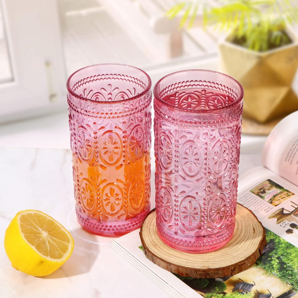 abrwyy Pink Drinking Glasses, 12oz Pink Glassware, Vintage Glassware
