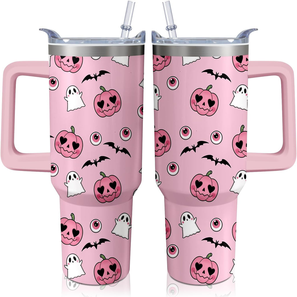 40oz Cute Pumpkin Ghost Halloween Tumbler with Handle and straw, Stainless Steel Insulated Cup, Spooky Pink Coffee Mug Water Bottle Gift