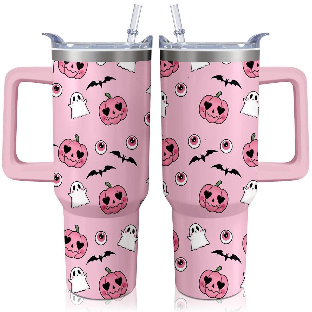 40oz Cute Pumpkin Ghost Halloween Tumbler with Handle and straw, Stainless Steel Insulated Cup, Spooky Pink Coffee Mug Water Bottle Gift