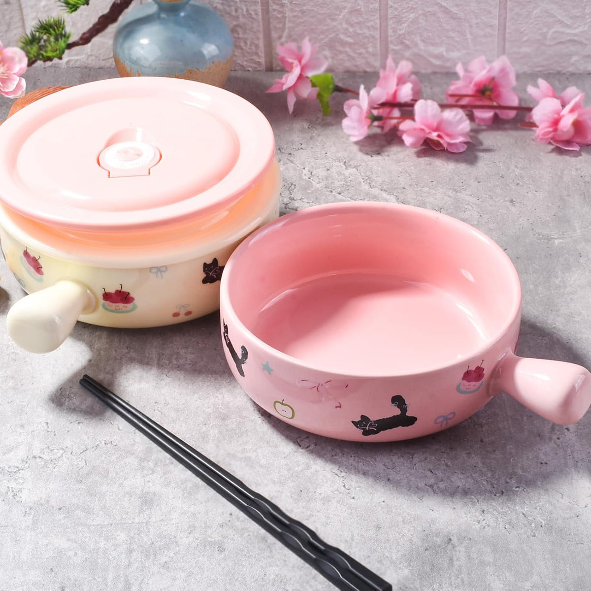Ceramic Soup Bowl with Lid and Handles Set of 2, 6.1'' Cute Ramen Bowls