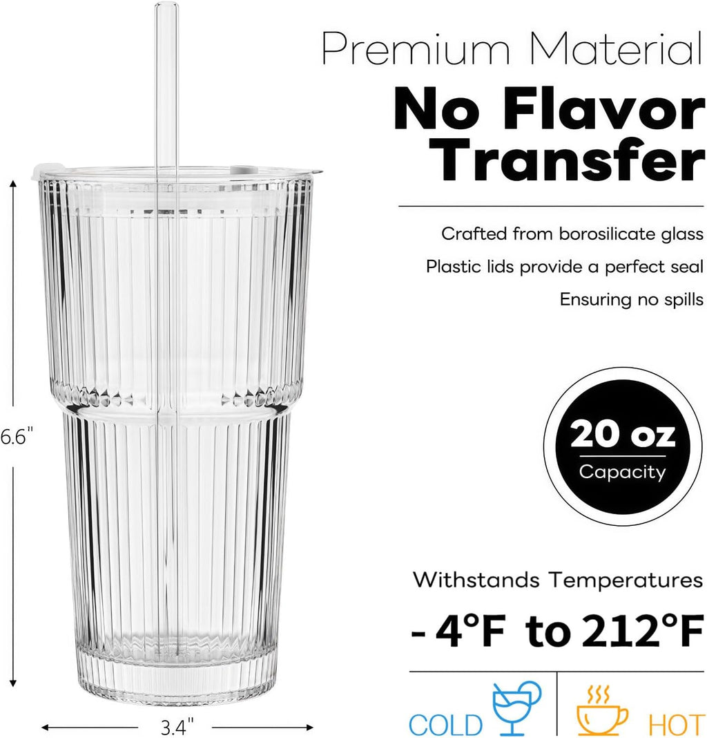 TUZAZO 4 Pack 20oz Ribbed Glass Tumblers with Lids and Straws