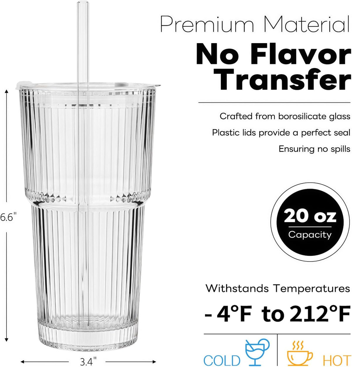 TUZAZO 4 Pack 20oz Ribbed Glass Tumblers with Lids and Straws