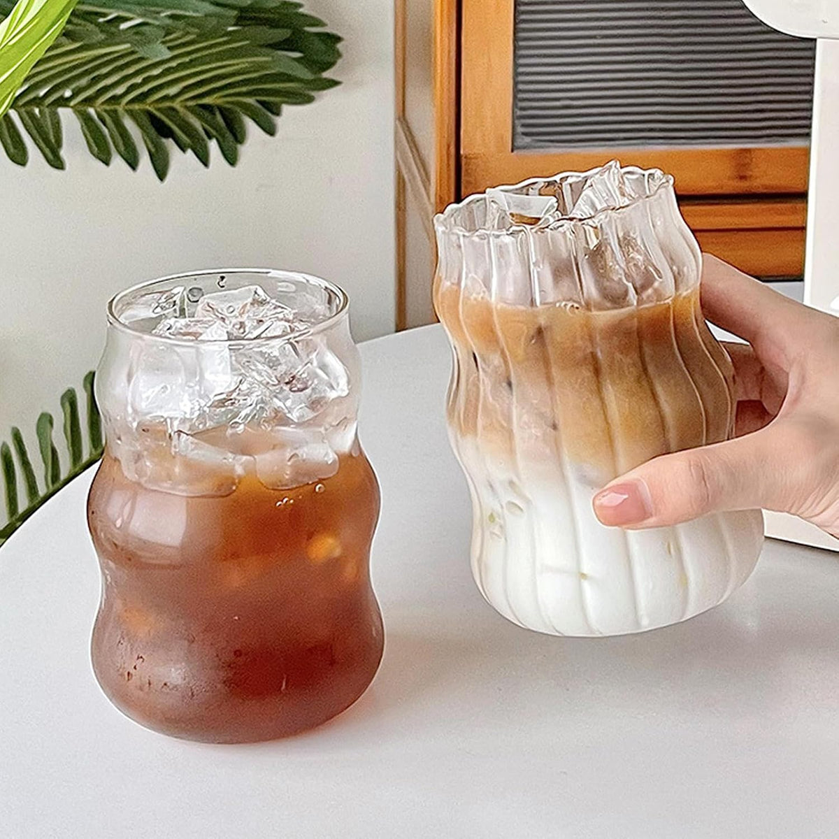 Vintage Ribbed Glassware Water Tumbler, 18 oz Aesthetic Ripple Glass Tumbler, Ripple Glassware Coffee Cup, Cute Glass Tumbler for Iced Coffee Juice Drink Milk (big stripes-Small Mouth)