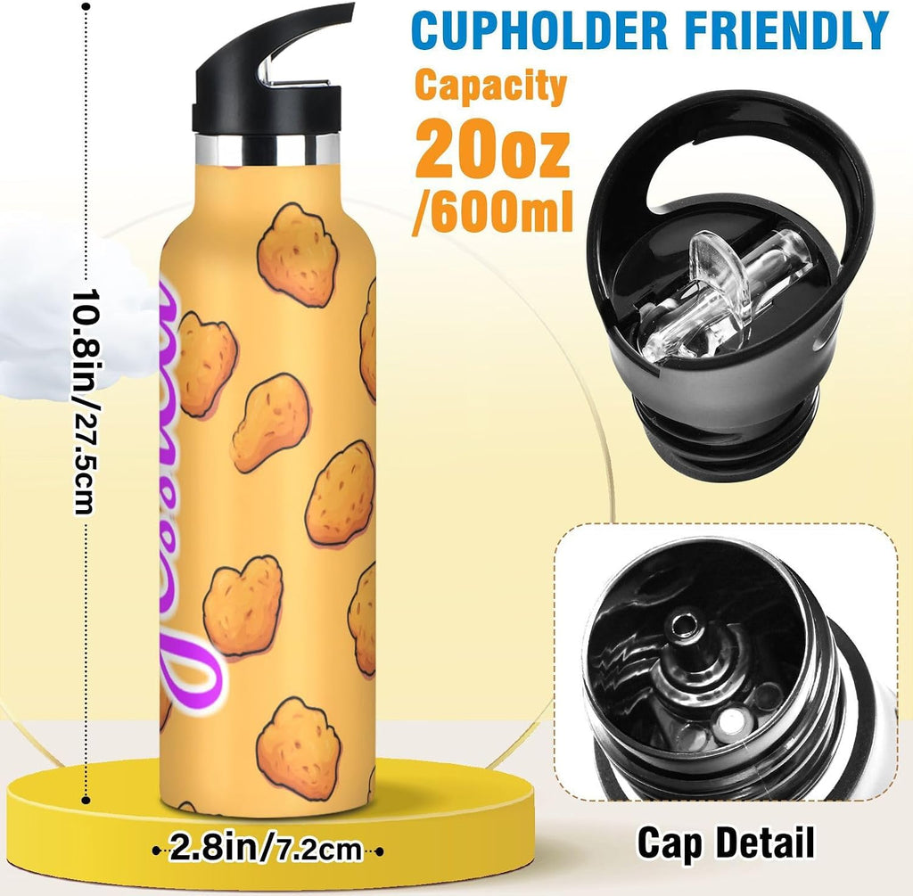 Kcldeci Kids Water Bottle for School Cartoon Chicken Nuggets Personalized 20oz Stainless Steel Insulated Tumbler with Straw, Leak-Proof Travel Flask for Boys Girls, BPA-Free