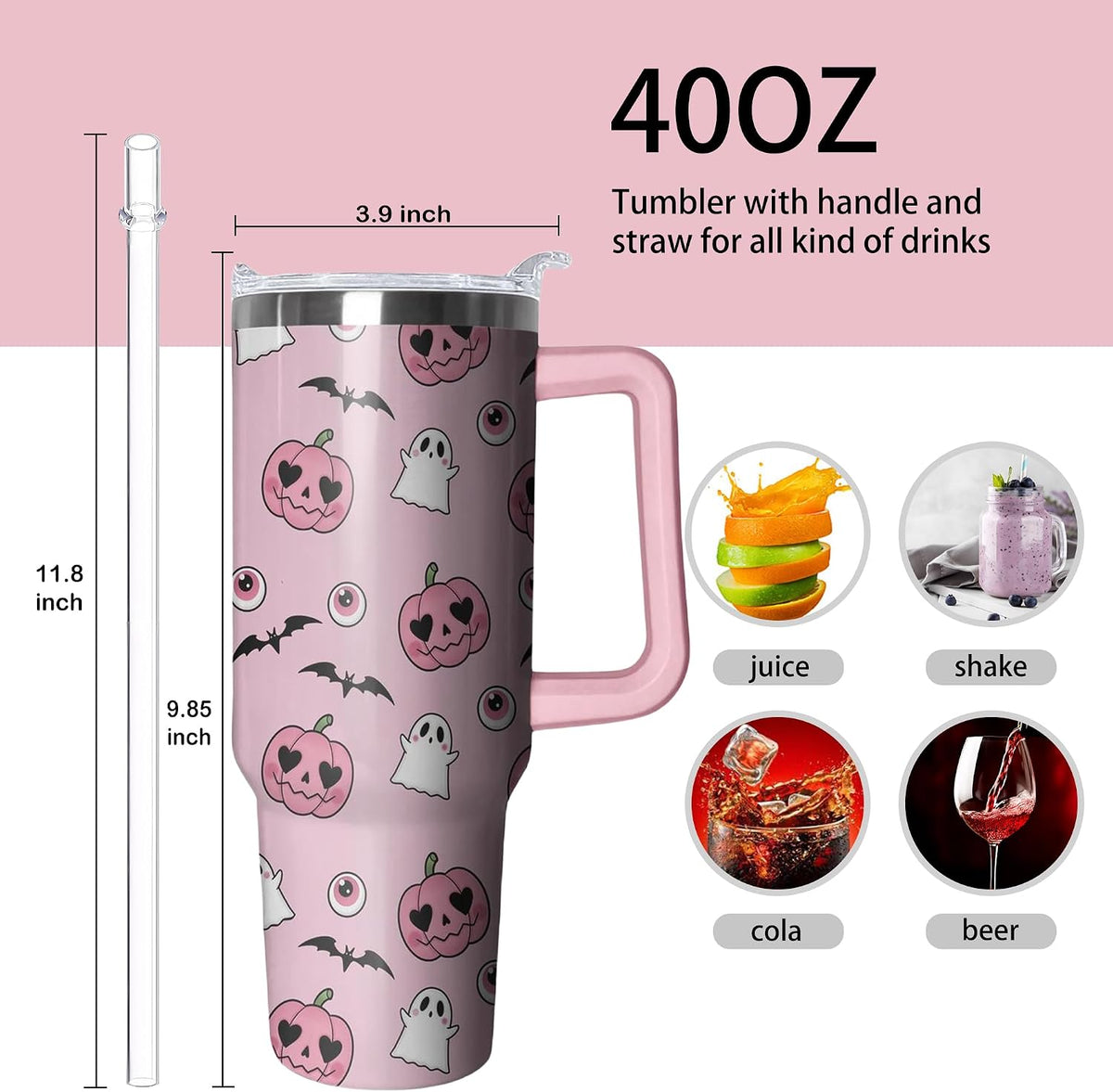 40oz Cute Pumpkin Ghost Halloween Tumbler with Handle and straw, Stainless Steel Insulated Cup, Spooky Pink Coffee Mug Water Bottle Gift