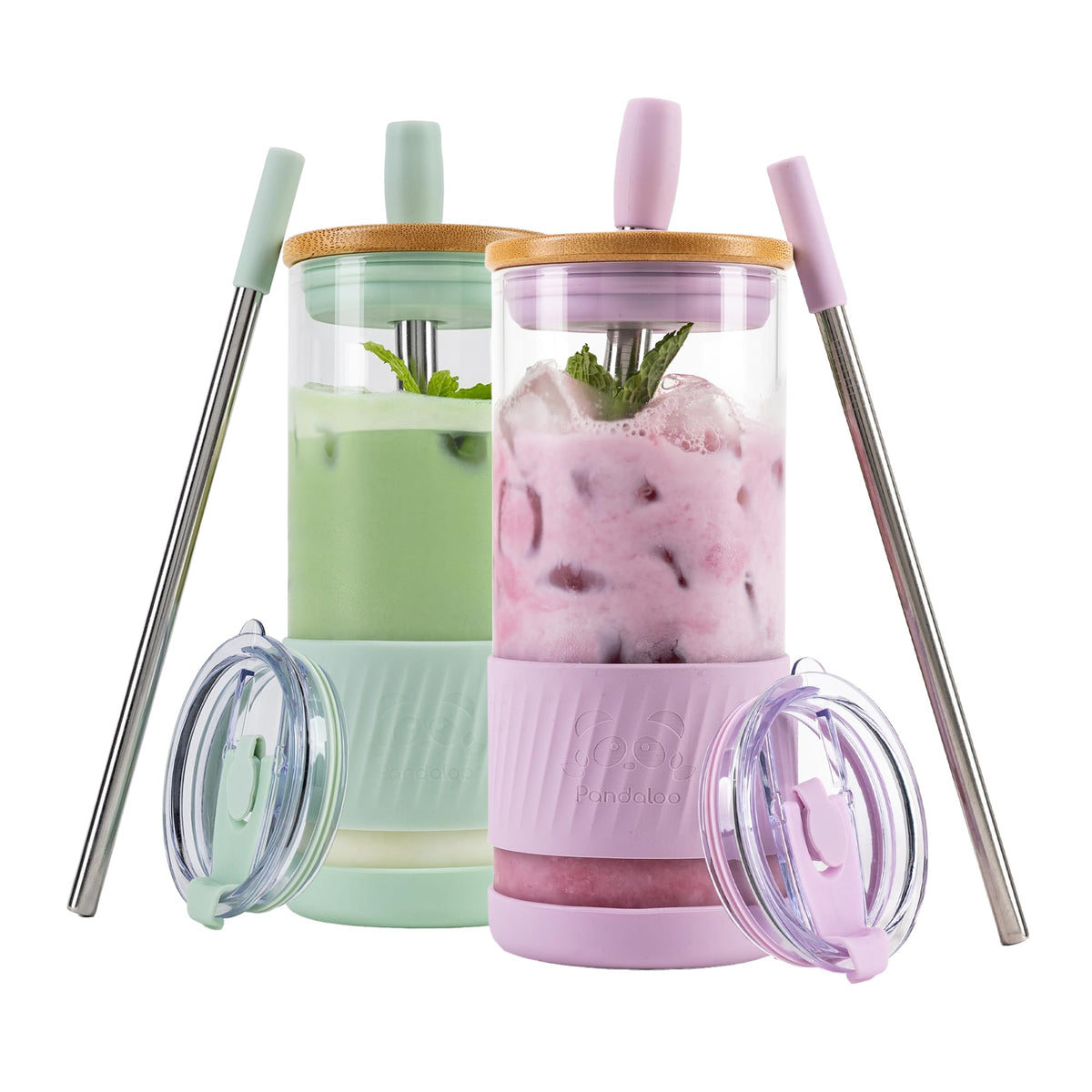 Pandaloo® Glass Cups With Lids and Straws -20 Fl Oz- Perfect Size Iced Coffee Cup - Smoothie Cup With Bamboo Lid and On the go Lid - Glass Tumbler With Straw (1 Count (Pack of 1), Tender Pink)