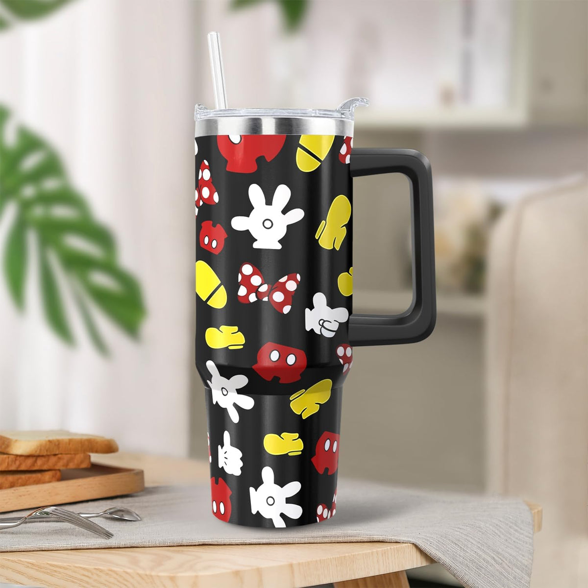 30oz Cartoon Mouse Tumbler | with Handle and Lid and Straw | Stainless Steel Insulated Tumbler | Black Travel Coffee Mug -Birthday,Christmas Gift