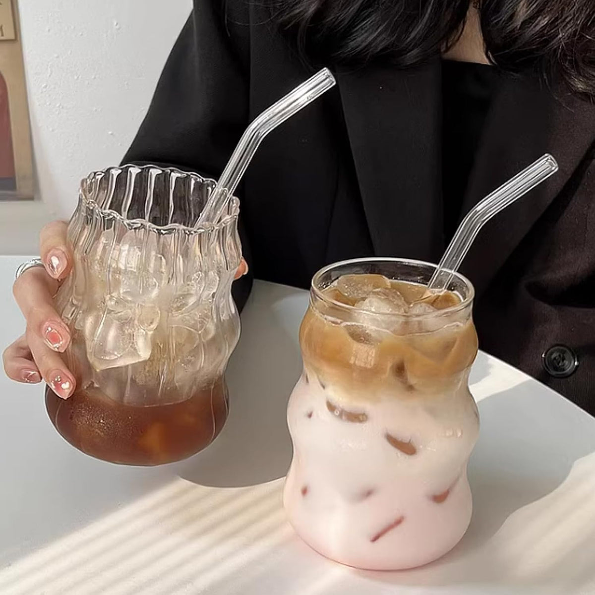 Vintage Ribbed Glassware Water Tumbler, 18 oz Aesthetic Ripple Glass Tumbler, Ripple Glassware Coffee Cup, Cute Glass Tumbler for Iced Coffee Juice Drink Milk (big stripes-Small Mouth)