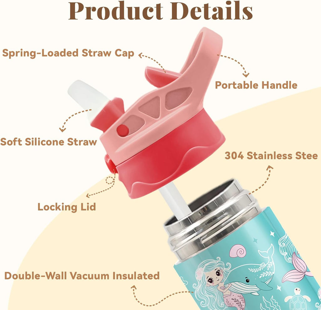 Mermaid Water Bottle for Girls - 12oz Cute Cartoon Kids Water Bottle with Straw, Stainless Steel Tumbler, Insulated, Leak-proof, BPA-free, Pop-up Straw Lid, for School, Children Birthday Gift Cup(1pc)