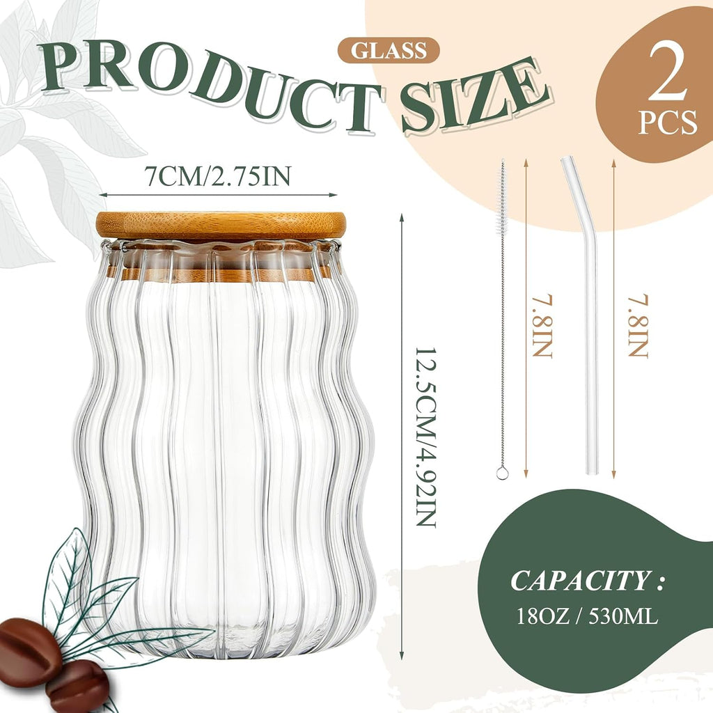 Domensi 2 Pcs 18 oz Creative Glass Cups with Lids and Straws Wave Shape Cute Drinking Tumblers Ribbed Cups Vintage Ripple Glassware for Cocktail Juice Iced Coffee Tea Soda Milk