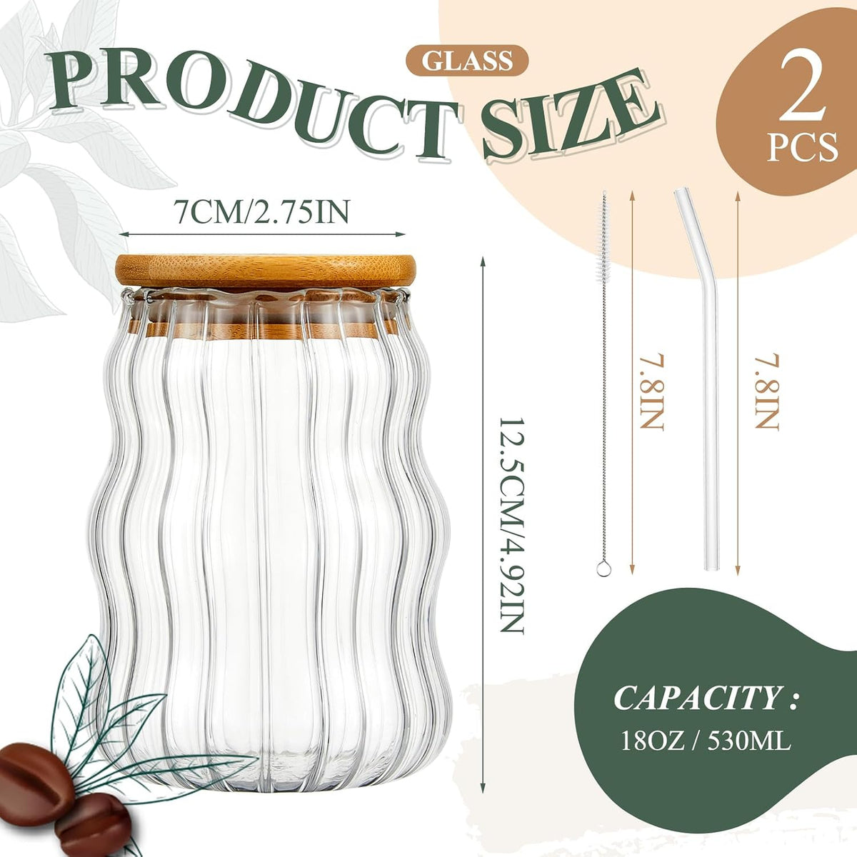 Domensi 2 Pcs 18 oz Creative Glass Cups with Lids and Straws Wave Shape Cute Drinking Tumblers Ribbed Cups Vintage Ripple Glassware for Cocktail Juice Iced Coffee Tea Soda Milk