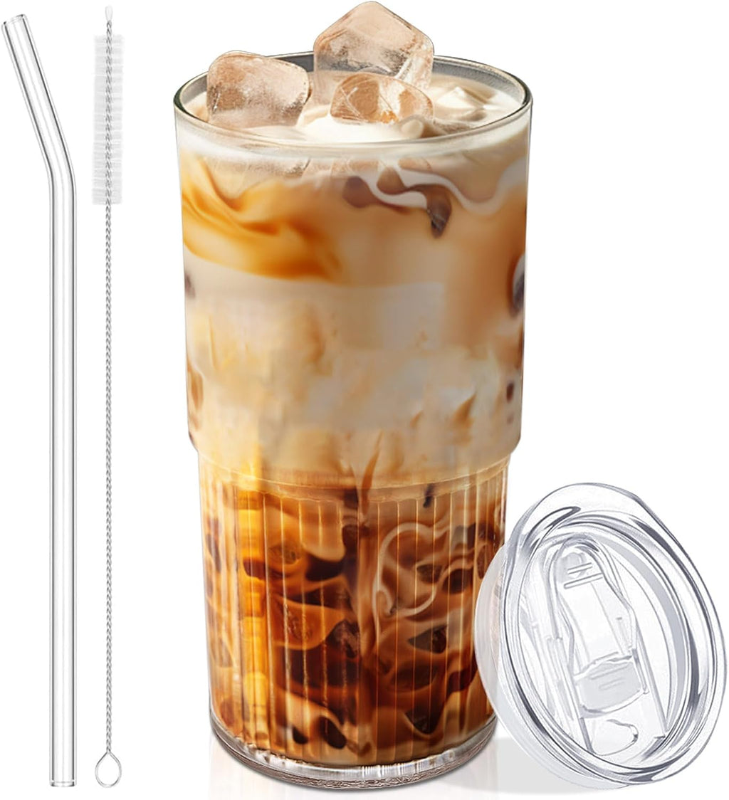Luiaiog Glass Cup with Lid and Straw, 18.6 oz Ribbed Iced Coffee Tumbler, Leakproof Reusable Drinking Glass for Smoothie, Boba, Water, Single Pack with Straw Brush, Dishwasher Safe