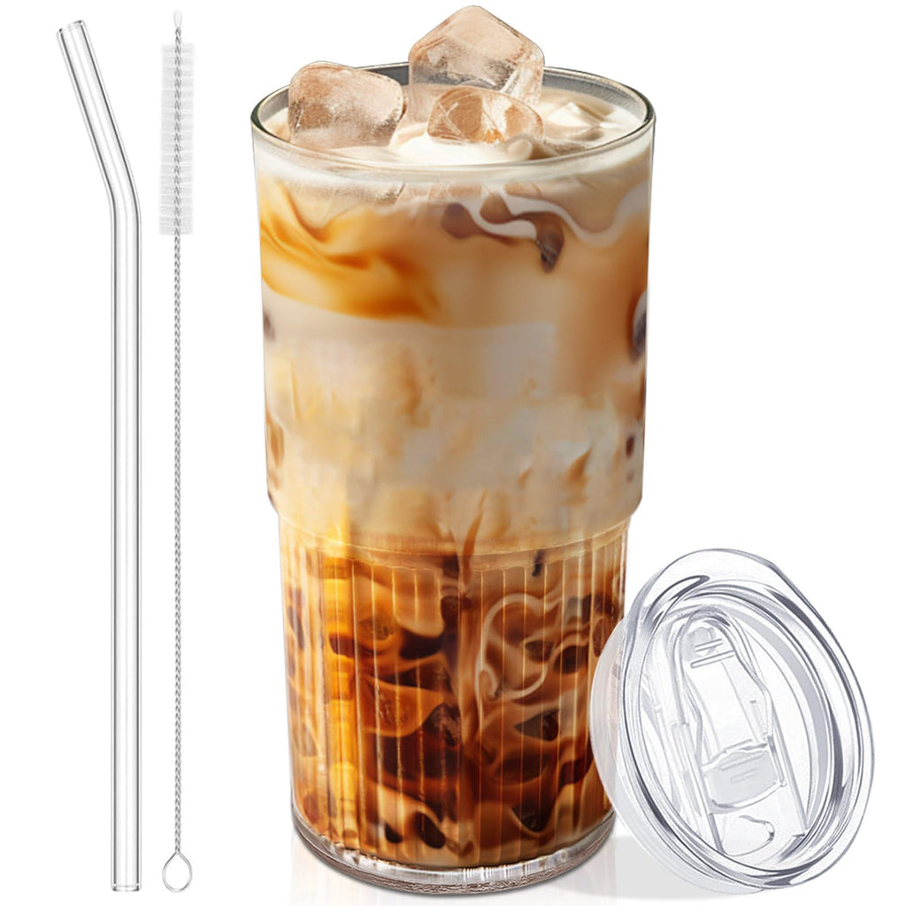 Luiaiog Glass Cup with Lid and Straw, 18.6 oz Ribbed Iced Coffee Tumbler, Leakproof Reusable Drinking Glass for Smoothie, Boba, Water, Single Pack with Straw Brush, Dishwasher Safe