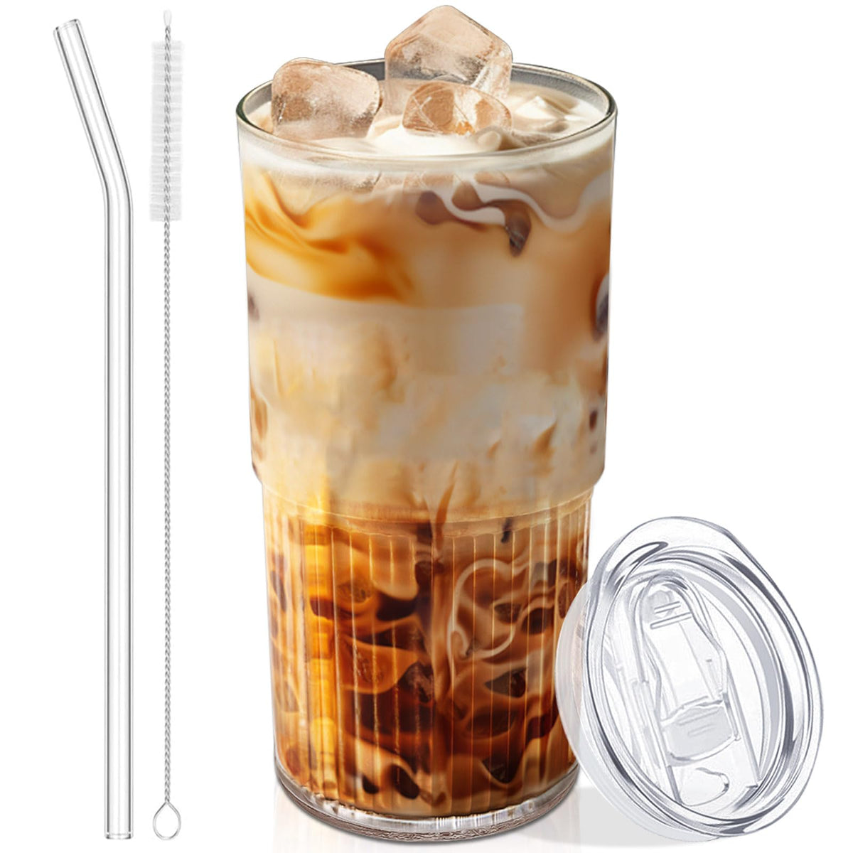 Luiaiog Glass Cup with Lid and Straw, 18.6 oz Ribbed Iced Coffee Tumbler, Leakproof Reusable Drinking Glass for Smoothie, Boba, Water, Single Pack with Straw Brush, Dishwasher Safe