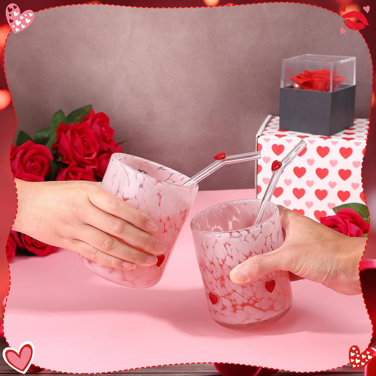2Pcs 14oz Pink Heart Icon Juice Glass with Straws Gift Box