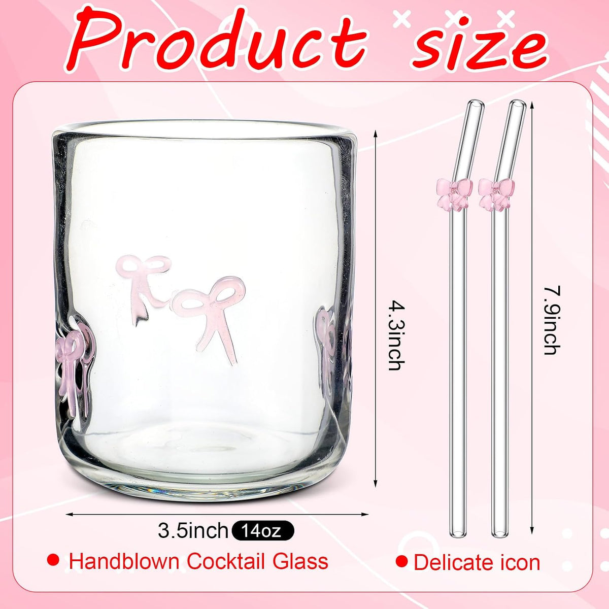 Skylety 2 Set Pink Bow Icon Juice Glasses, 14 oz Cocktail Cups with Straws