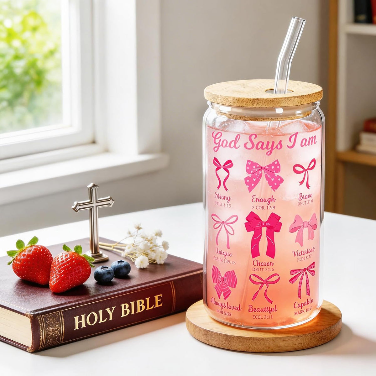 Christian Gifts For Women Girls Pink Bow Glass Cup with Lid and Straw