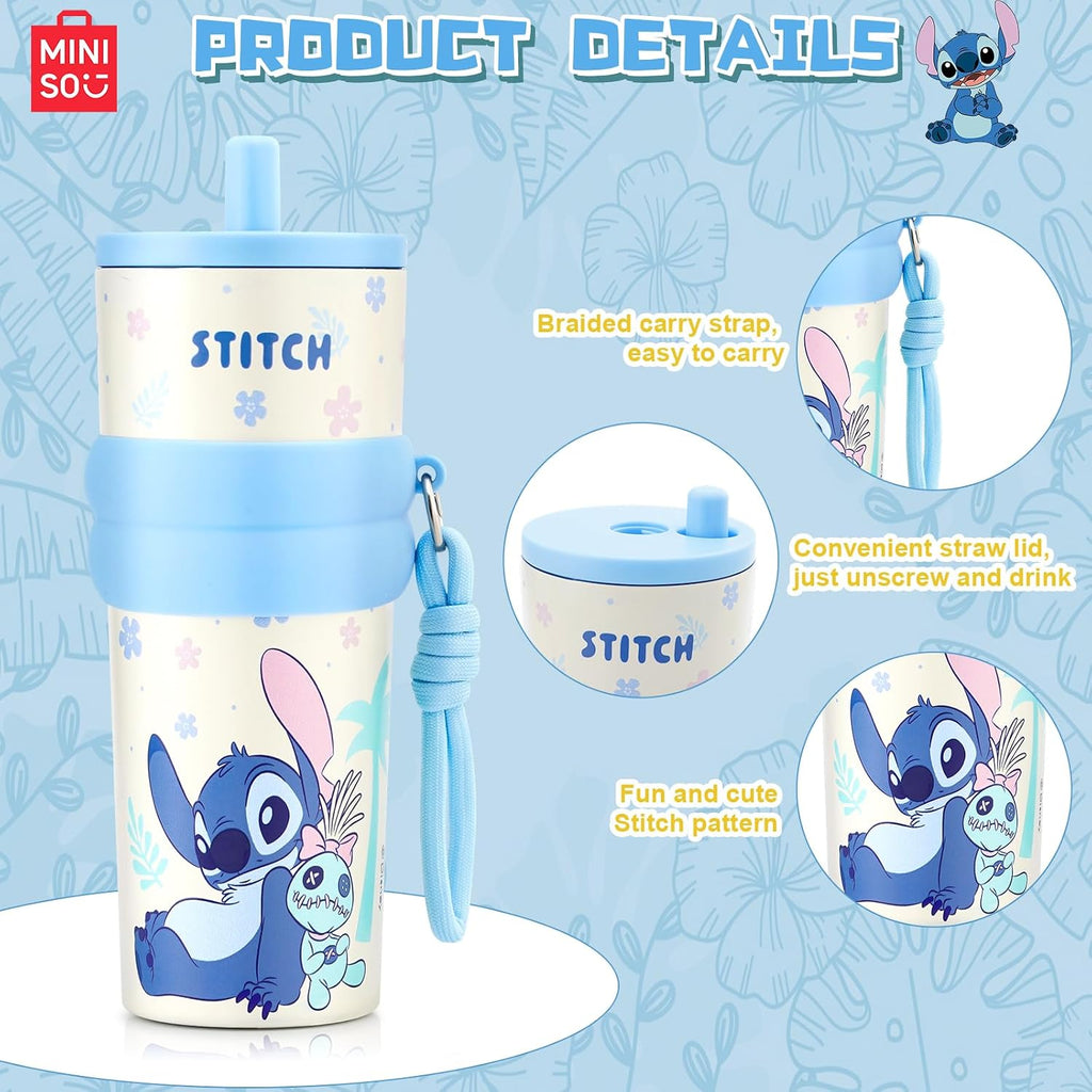 MINISO Disney Stitch Water Bottle, 20oz Lilo&Stitch Insulated Stainless Steel Bottle, Cartoon Vacuum Insulated Tumbler, Leak Proof Flip Top Stitch Cup for Sport Travel Office (Blue)