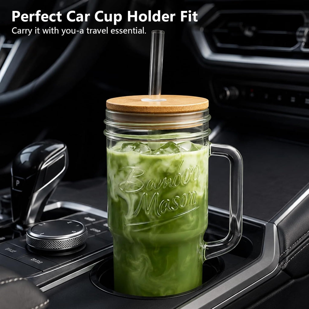 ANOTION Glass Cups with Lids and Straws - 24oz Tumbler with Handle Coffee Cups Glass Straws Glasses Mason Jar Cups Drinking Set Kitchen Essentials Coffee Bar Accessories House Warming Gifts New Home