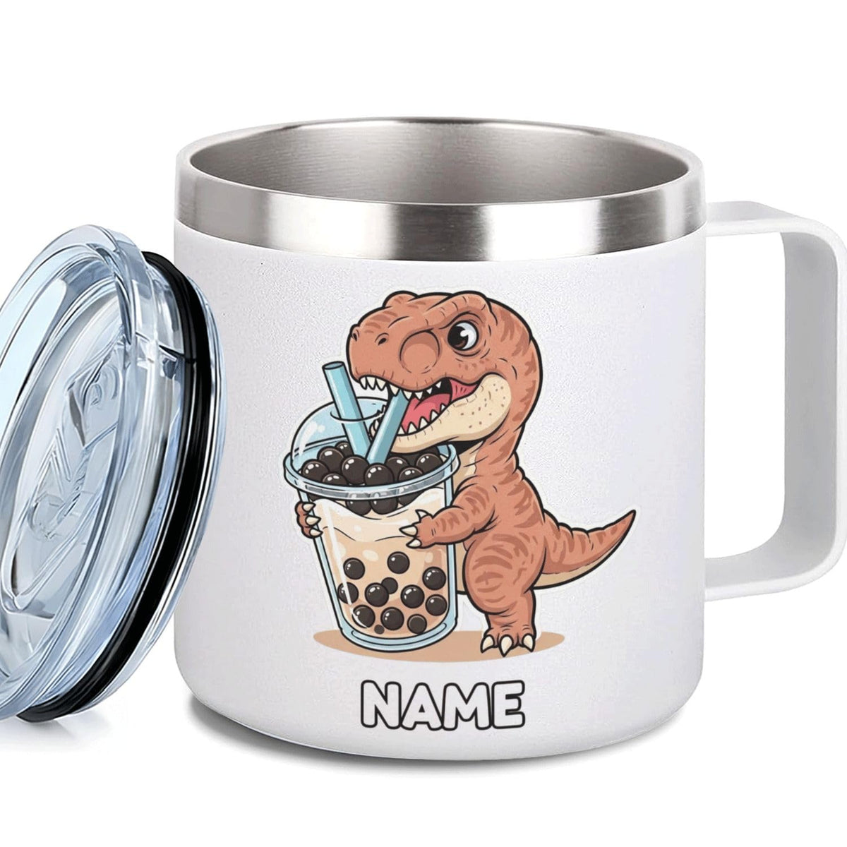 Leo Personalized Kids Mug with Lid, 10 oz Stainless Steel Insulated Camp Cup, Cartoon Lion Tropical Tiki Theme