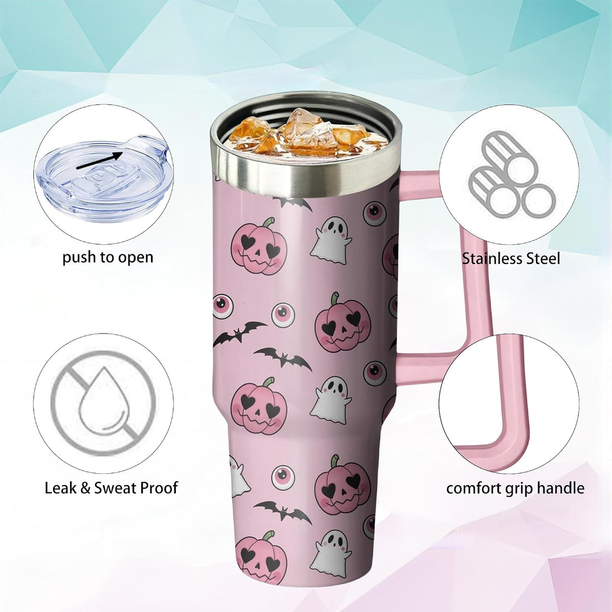 40oz Cute Pumpkin Ghost Halloween Tumbler with Handle and straw, Stainless Steel Insulated Cup, Spooky Pink Coffee Mug Water Bottle Gift