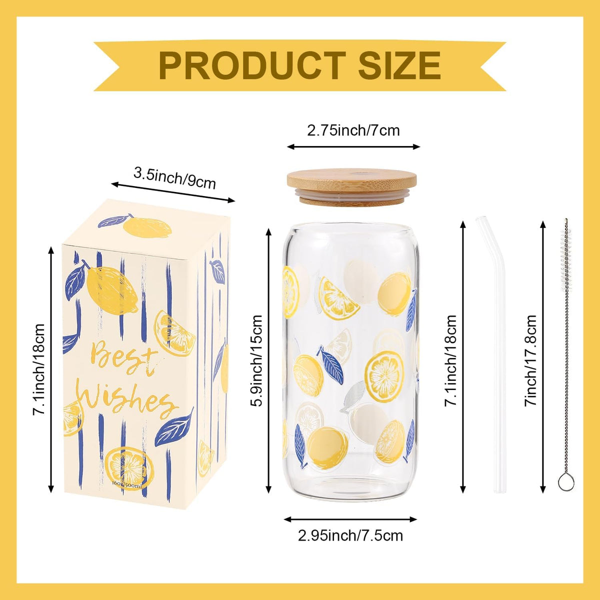 Lemon Glass Cups with Lid and Straw, Cute Lemon Gift for Women