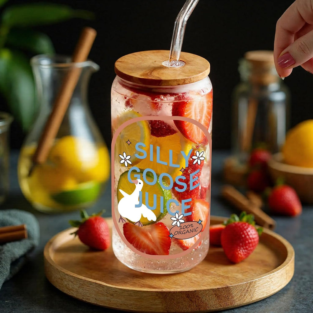 Cute Silly Goose Glass Cup with Lids & Straw 16oz, Ice Coffee Drink Tumbler