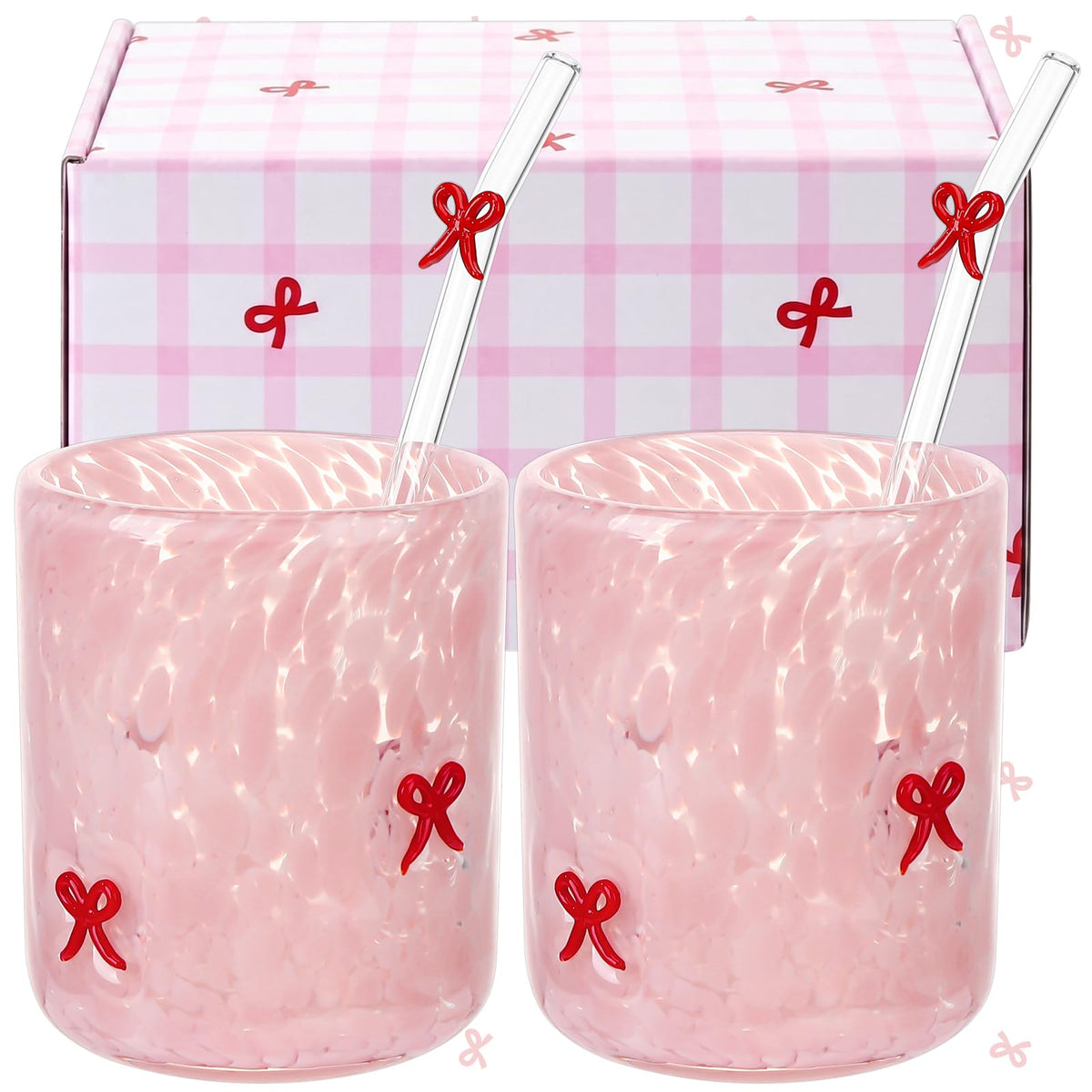 2Pcs 14oz Pink Heart Icon Juice Glass with Straws Gift Box