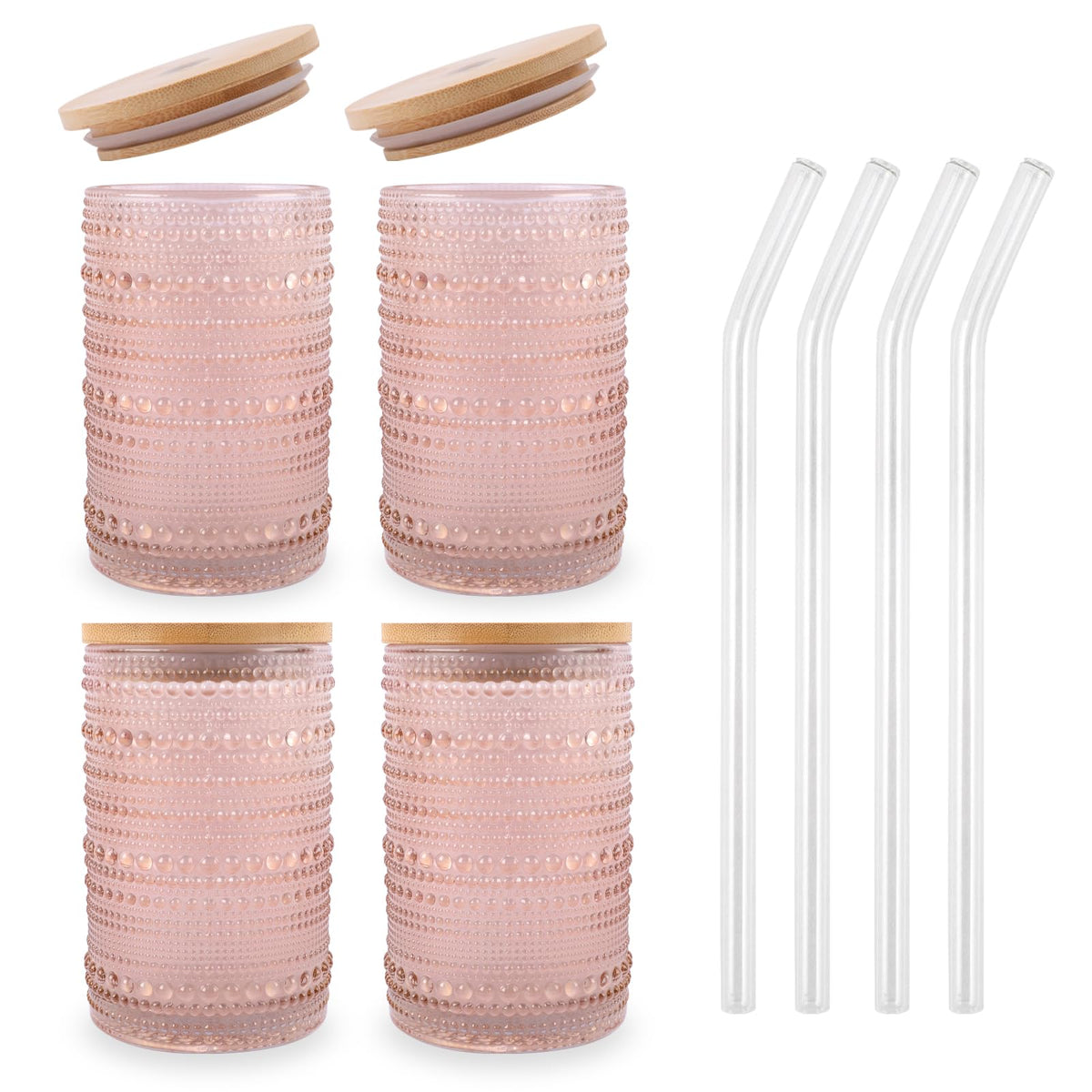 11OZ Ribbed Glass Coffee Cups Set of 6, Vintage French-Style Glasses with Delicate Pink Bow and Dot Relief, Elegant and Durable Glassware for Hot and Cold Beverages, Thick-Bottomed and Dishwasher Safe