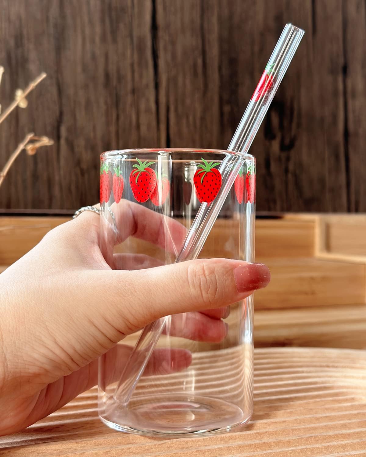 strawberry cups 2 Sets Cute glass strawberry cups 300ML straw glass cups, Cute strawberrys pattern glass bottles for water milk tea, coffee juice tea cups (2pcs)