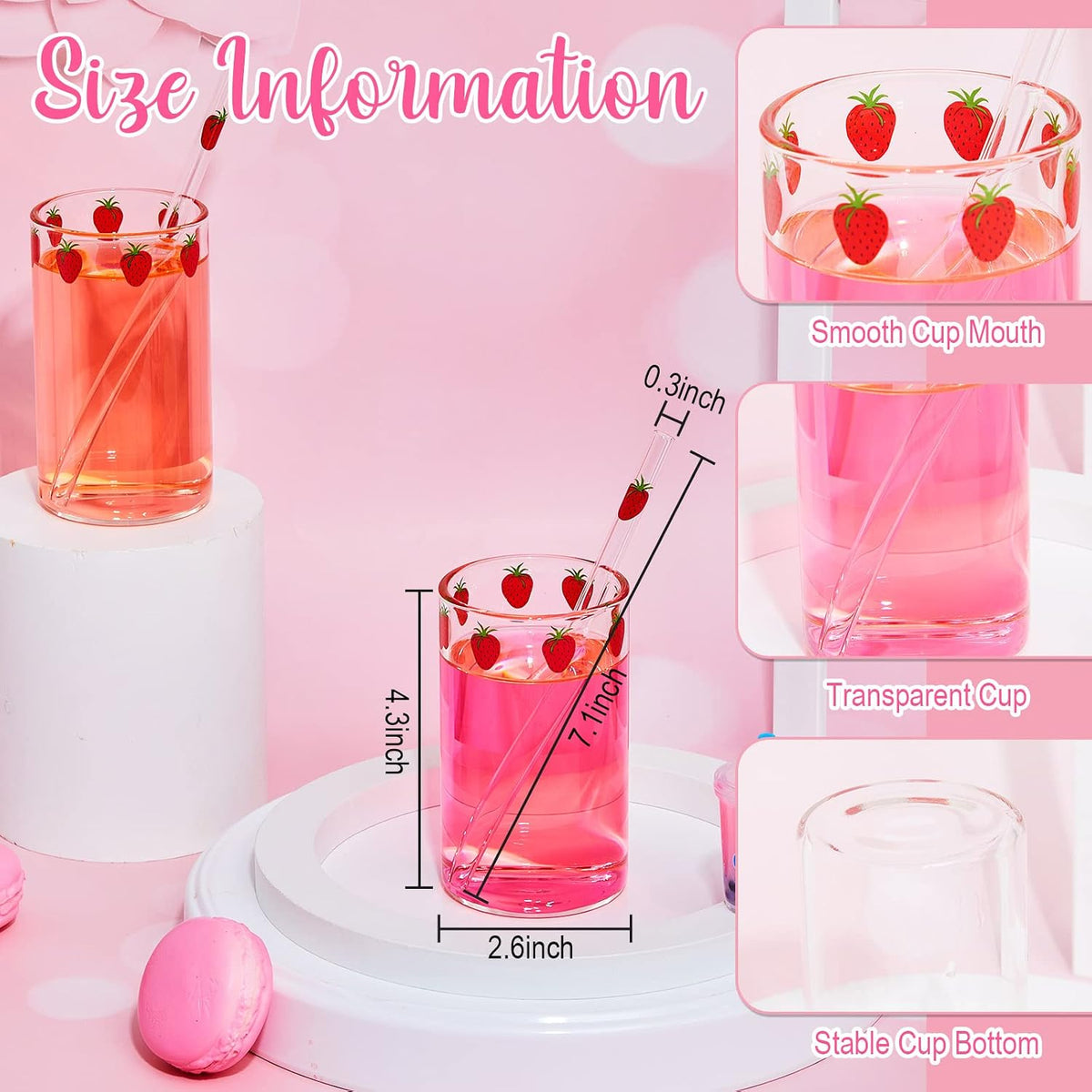 Tessco for you 2 Set Strawberry Glass Cup with Straw Clear Drinking Tumbler
