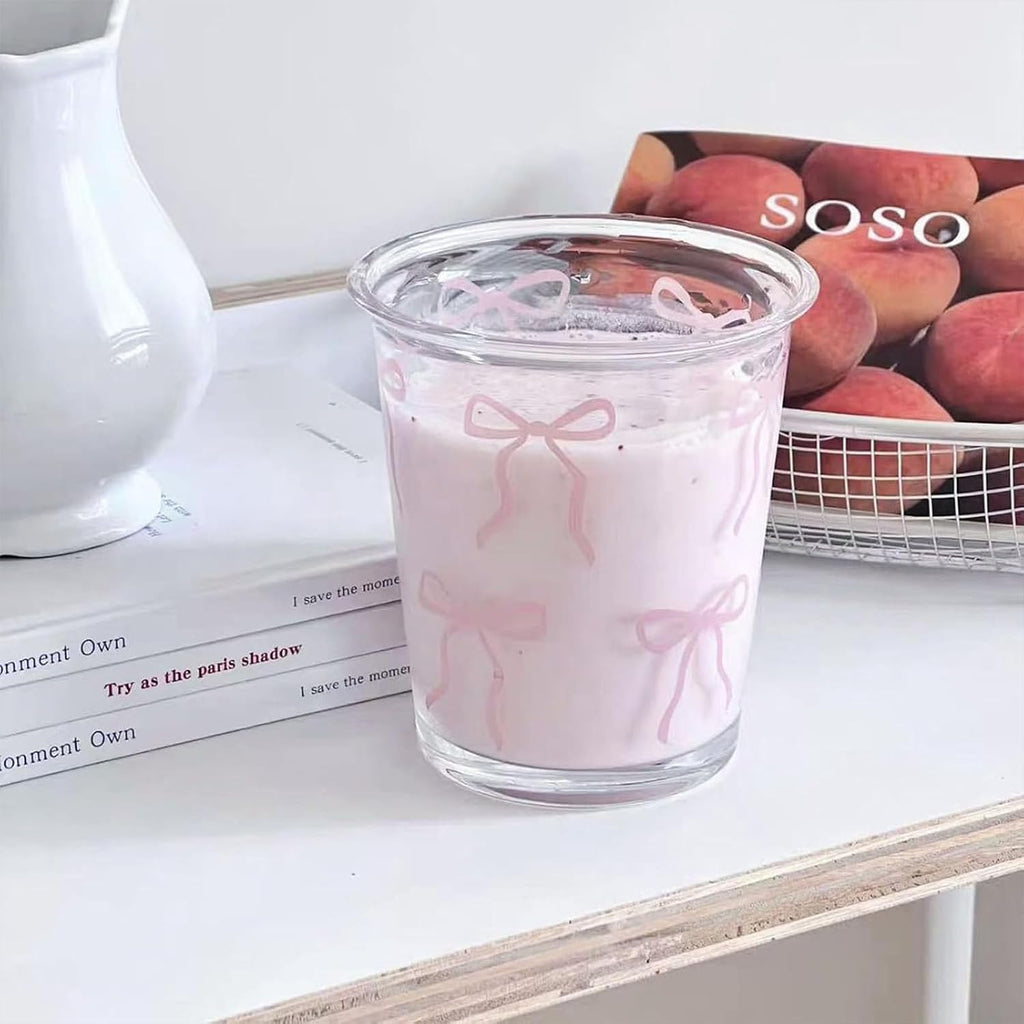 Pink Bow Glass Cups, 14oz Cute Aesthetic Bow Glass Cups for Iced Coffee, Matcha, Milk, Juice,Cocktail, Valentines/Birthday Gift for Women & Teen Girls