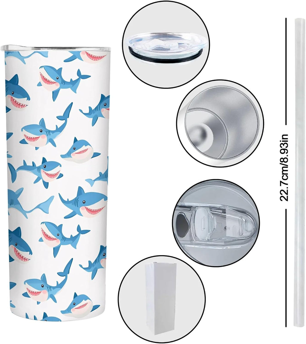 Cartoon Sharks 20 oz Insulated Skinny Tumbler with Lid and Straw, Cute Sea Animals Straight Tumblers Travel Coffee Cup for Men Women