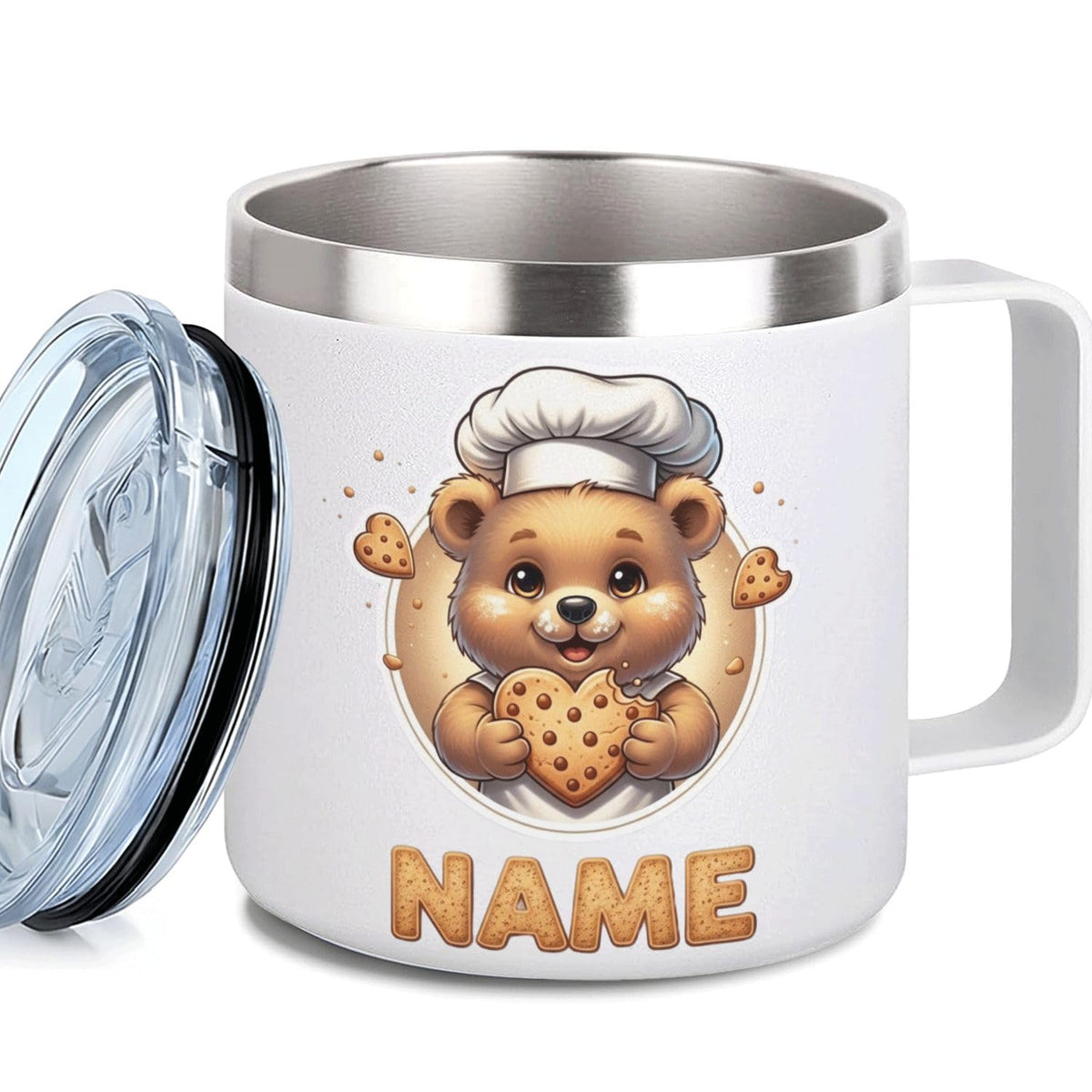 Leo Personalized Kids Mug with Lid, 10 oz Stainless Steel Insulated Camp Cup, Cartoon Lion Tropical Tiki Theme