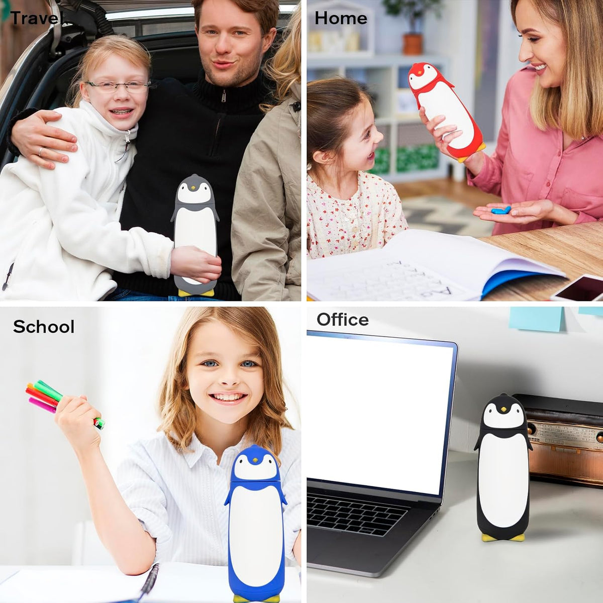 Penguin Glass Water Tumbler- Cute Water Bottle Double Walled Cup Flask Travel Mug for Kids, Students, 9.6oz, Grey