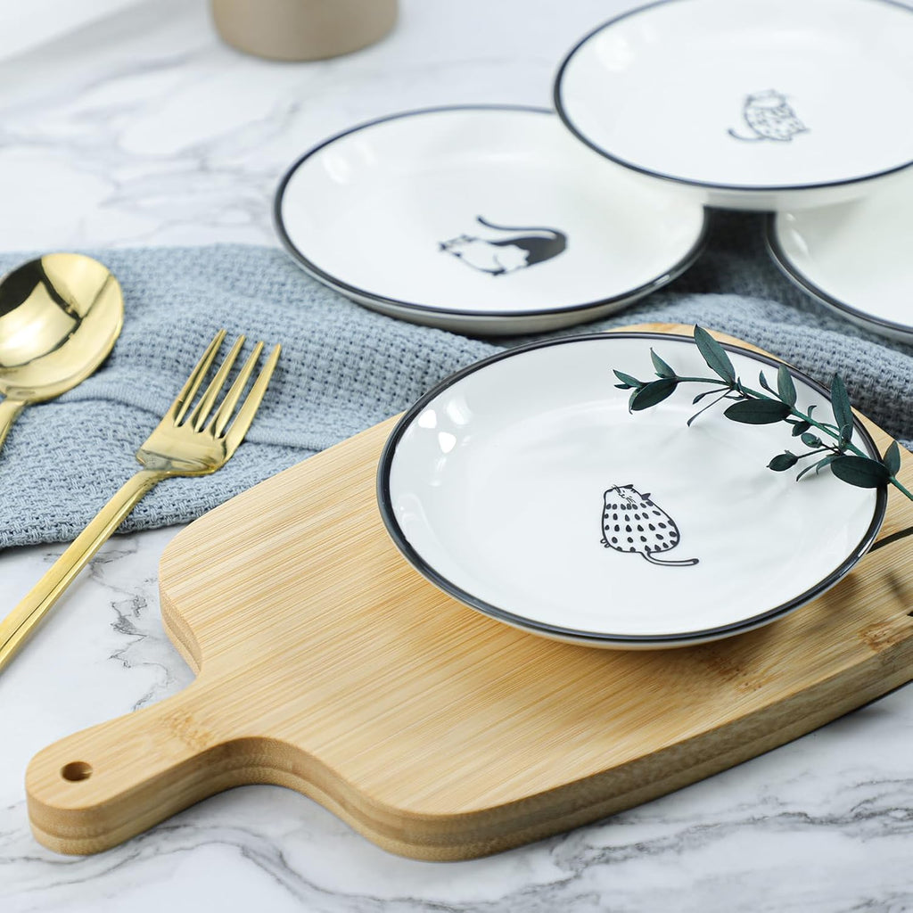 SOCOSY Cute Cartoon Gentleman and Dot Cat Ceramic Seasoning Dishes Sauce Dish Sushi Dipping Bowl Appetizer Plates Tea Bag Holder Serving Dish for Kitchen 5 Inch, Set of 4