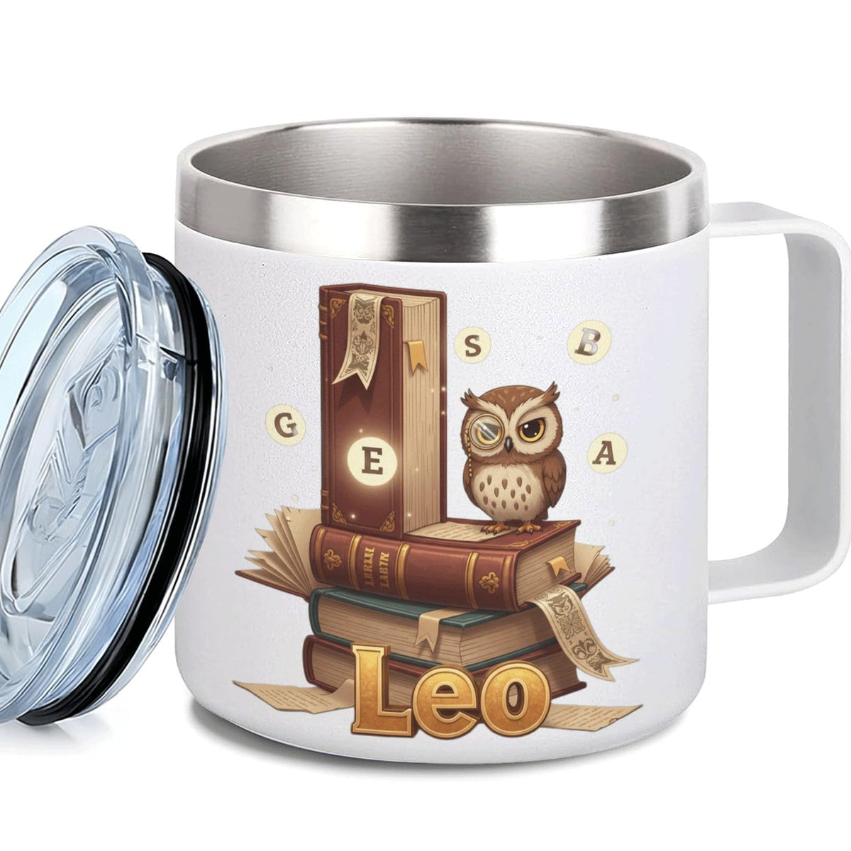 Leo Personalized Kids Mug with Lid, 10 oz Stainless Steel Insulated Camp Cup, Cartoon Lion Tropical Tiki Theme