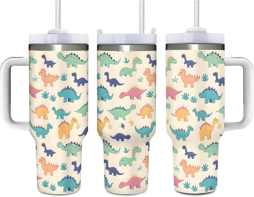 40oz Cute Dinosaurs Tumbler with Handle, Double Wall Stainless Steel Travel Coffee Mug with Straw Lid, Cartoon Insulated Cooling Cup for Christmas Birthday Gifts (Printed in US)