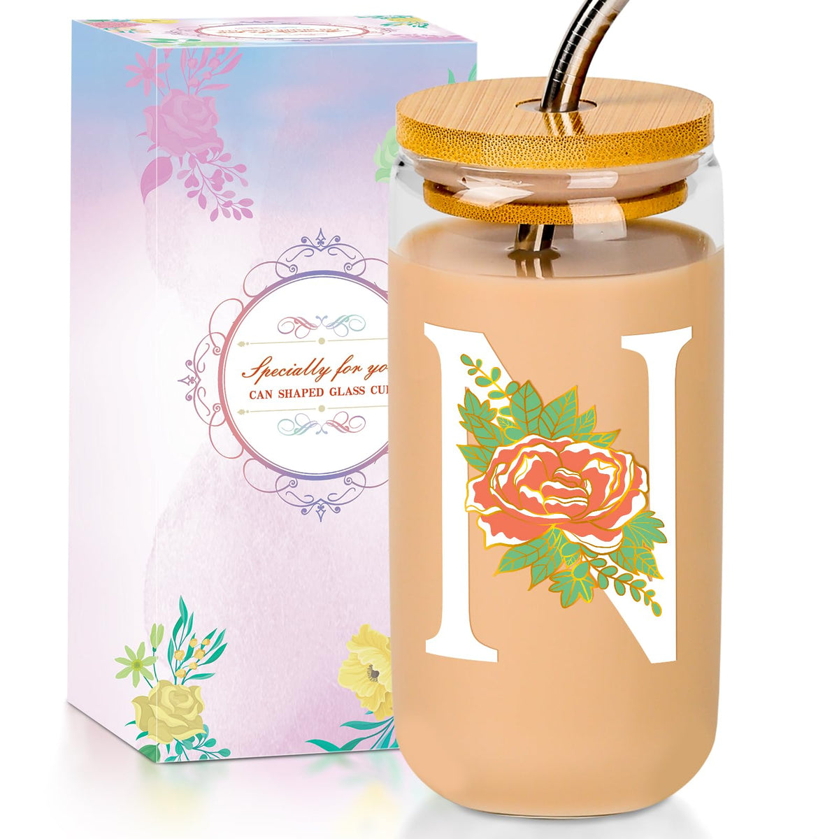 16 Oz Initial Glass Cup with Lid and Straw Personalized Color-Changing
